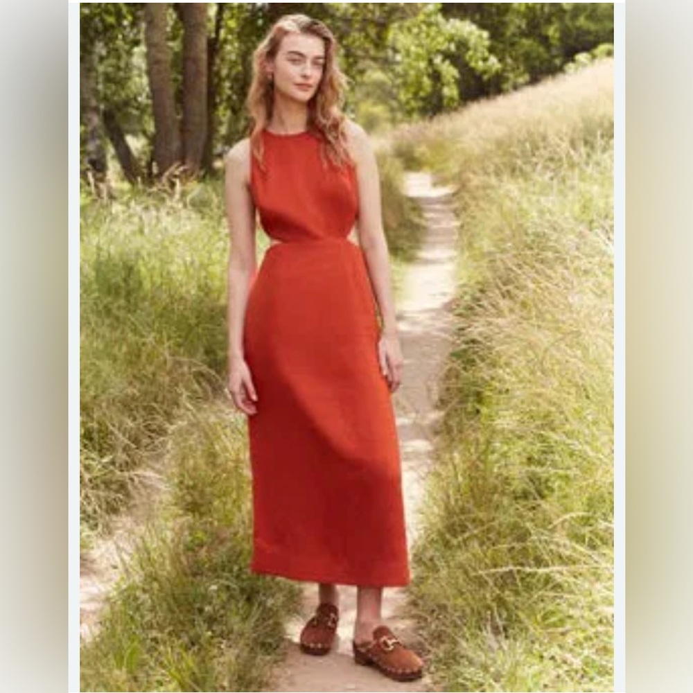 Boden Cut Out Linen Midi Dress in Rust Size 6